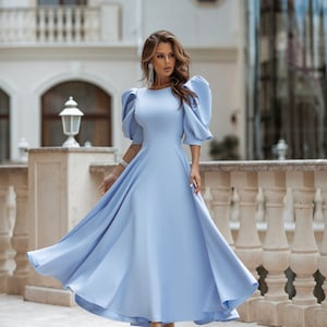 Blue Midi Dress, Puff Sleeve Dress, Puff Shoulder Dress, Flowy Puff Sleeve Dress, Dinner Dress, Cocktail Dress, Women's Blue Formal Dresses zdjęcie 1