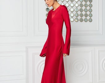 Red Satin Maxi Dress, Red Satin Dress, Red Satin Dress with Sleeves, Minimal Maxi Dress, Red Formal Dress, Minimal Maxi Dress