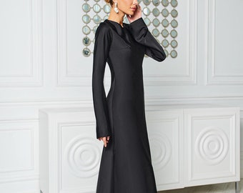 Black Satin Maxi Dress, Black Satin Dress, Black Satin Dress with Sleeves, Minimal Maxi Dress, Black Formal Dress, Minimal Maxi Dress