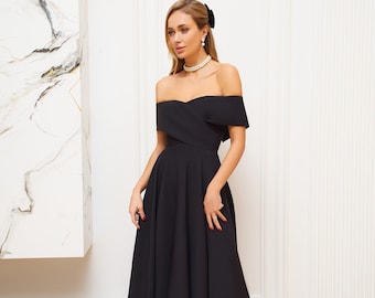 Modern Black Midi Dress | Sculptural Off-Shoulder Tea Length Look for Formal Events & Contemporary Occasions