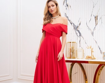 Red Off Shoulder Tea Length Midi Dress Elegant Evening Gown Formal Cocktail Outfit Prom Party Dress Classic Red Formal Wear