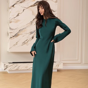 Emerald Satin Maxi Dress, Emerald Satin Dress with Sleeves, Minimal Maxi Dress, Emerald Formal Dress, Maxi Straight Dress, Emerald Dress