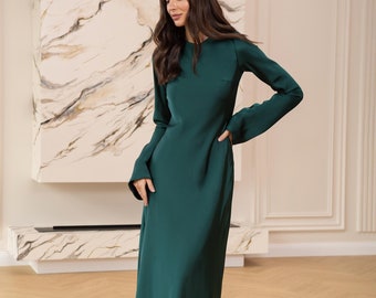 Emerald Satin Maxi Dress, Emerald Satin Dress with Sleeves, Minimal Maxi Dress, Emerald Formal Dress, Maxi Straight Dress, Emerald Dress