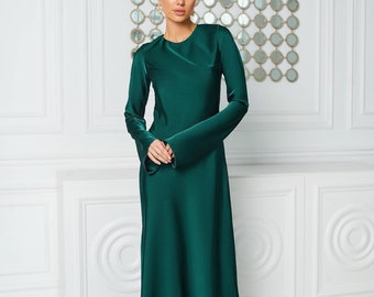 Emerald Satin Maxi Dress, Emerald Satin Dress with Sleeves, Minimal Maxi Dress, Emerald Formal Dress, Maxi Straight Dress, Emerald Dress