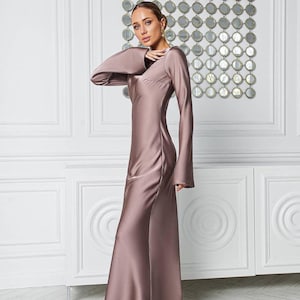 Beige Satin Maxi Dress, Beige Satin Dress, Beige Satin Dress with Sleeves, Minimal Maxi Dress, Beige Formal Dress, Minimal Maxi Dress