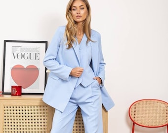 Blue Suit Woman, Women Suit With Vest, Womens Oversize Suit,  Formal White Woman Suit, Women Wedding Guest Suit, Suits With Wide Leg Pants