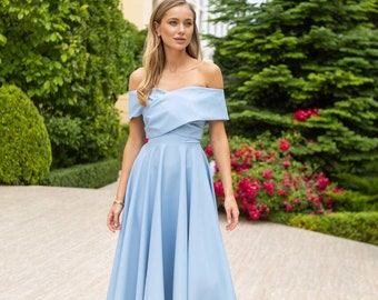 Light Blue Summer Midi Dress | Off-Shoulder Tea Length Look for Garden Parties, Birthdays & Civil Ceremonies