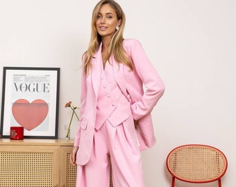 Pink Women 3 Piece Pant Suit, Women Suit With Vest, Women Office Suit,  Business Suit Set, Women Suit for Work, Suits With Wide Leg Pants