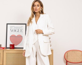 White Suit Woman, Women Suit With Vest, Womens Oversized Suit,  Formal White Woman Suit, Women Wedding Woman Suit, Suits With Wide Leg Pants