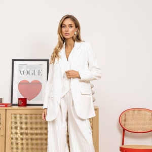 White Suit Woman, Women Suit With Vest, Womens Oversized Suit,  Formal White Woman Suit, Women Wedding Woman Suit, Suits With Wide Leg Pants
