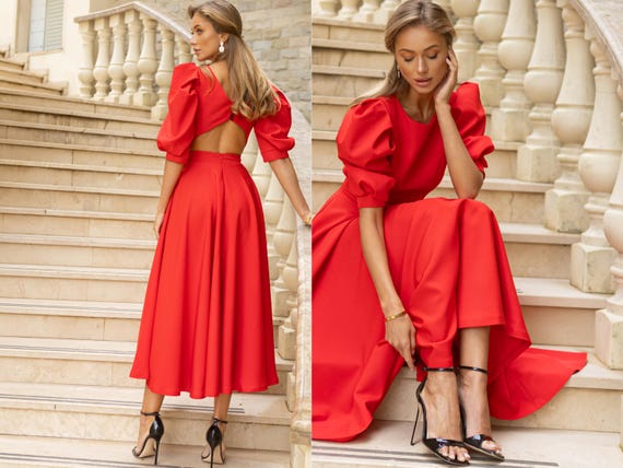 Buy Red Midi Dress, Elegant Birthday Outfit for Women, Puff Sleeve Tea Length Dress for Celebration, Dinner or Special Occasion Online in India - Etsy Buy Red Midi Dress, Elegant Birthday Outfit for Women, Puff Sleeve Tea Length Dress for Celebration, Dinner or Special Occasion Online in India - Etsy