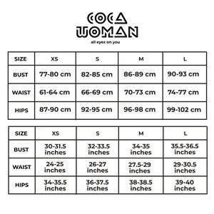 May include: Size chart for clothing with measurements in inches and centimeters. The chart shows bust, waist, and hip measurements for sizes XS, S, M, and L.