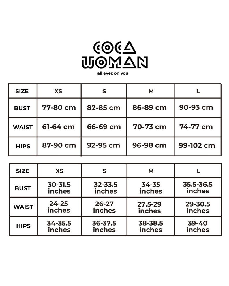 May include: Size chart for clothing with measurements in inches and centimeters. The chart shows bust, waist, and hip measurements for sizes XS, S, M, and L.