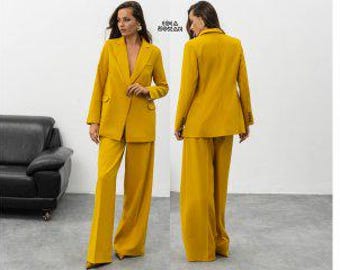 Gelber Hosenanzug, Hosenanzug mit weitem Bein, Damen-Businessanzug, Ein-Knopf-Blazer, elegantes gelbes Outfit, auffälliges Anzugset