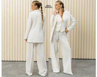 Weißer Hochzeitsanzug, dreiteiliger Hosenanzug für die Braut, Damenblazerweste und weite Hose, weißes Brautanzug-Set, Outfit für standesamtliche Trauung