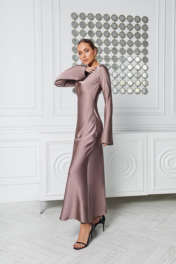 blue dress for baby girl The Greta Lantern Sleeve Satin Maxi Dress – Golden Blessing boutique main image 1