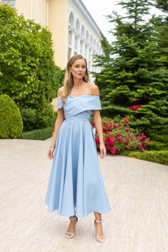 Sky Blue Bridesmaid Dress Light Blue Midi Gown off Shoulder Tea Length Wedding  Guest Dress Garden Ceremony Spring Wedding Look - Etsy Norway