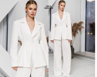 White Womens Suit Long Blazer and Palazzo Pants Set Winter Bridal Outfit Engagement Civil Wedding Look Elegant White Pantsuit Bride