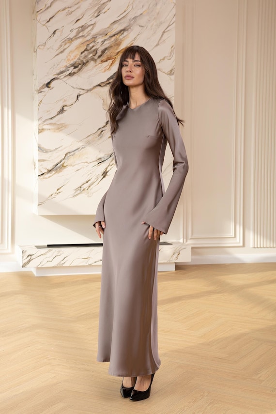 Beige Satin Maxi Dress, Beige Satin Dress, Beige Satin Dress with Sleeves,  Minimal Maxi Dress, Beige Formal Dress, Minimal Maxi Dress
