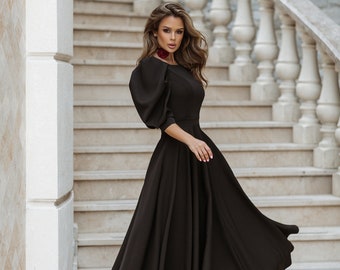 black evening dress with puff sleeves Elegant Black Long-Sleeve Gown with Sweetheart Neckline and High Slit for Formal Events Black / L