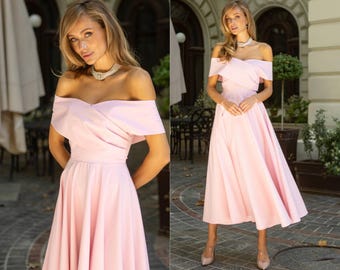 Baby Pink Midi Dress | Off-Shoulder Tea Length Birthday Outfit for Women’s Special Celebration or Party