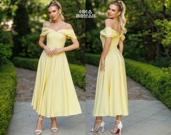 Yellow Garden Party Dress, Elegant Midi Dress Women, Off Shoulder Cocktail Dress, Puff Sleeve Midi Dress, Summer Celebration Dress