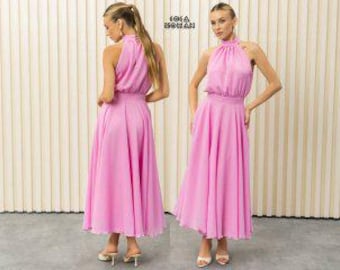 Rosa Chiffonkleid, rosa Maxikleid, romantisches langes Kleid, feminines Abendkleid, fließendes formelles Kleid, elegantes Partykleid