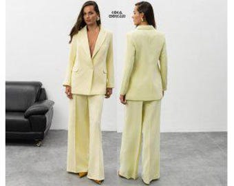Zitronengelber Hosenanzug, Hosenanzug mit weitem Bein, Damen-Businessanzug, Ein-Knopf-Blazer, elegantes gelbes Outfit, minimalistisches Anzugset