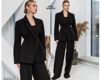 Black Womens Suit Long Blazer and Palazzo Pants Set High Waist Formal Business Outfit Elegant Office Wear Two Piece Power Pantsuit
