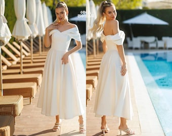 White Bridal Midi Dress, Civil Wedding Dress Women, Elegant Off Shoulder Wedding Dress, Bridal Reception Dress, Modern Bride Outfit