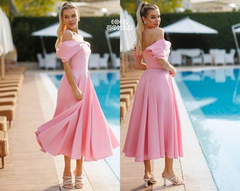 Pink Bridesmaid Dress, Romantic Midi Dress Women, Off Shoulder Wedding Guest Dress, Elegant Bridal Party Dress, Puff Sleeve Midi Dress