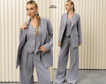 Grauer Dreiteiler, Damen-Hosenanzug in Grau, Blazerweste und weite Hose, maßgeschneidertes graues Anzugset, elegantes Business-Outfit