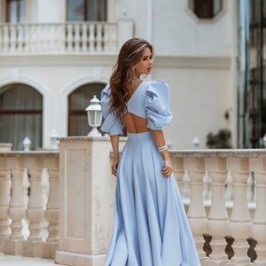 Blue Midi Dress, Puff Sleeve Dress, Puff Shoulder Dress, Flowy Puff Sleeve Dress, Dinner Dress, Cocktail Dress, Women's Blue Formal Dresses image 6