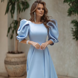 Blue Midi Dress, Puff Sleeve Dress, Puff Shoulder Dress, Flowy Puff Sleeve Dress, Dinner Dress, Cocktail Dress, Women's Blue Formal Dresses zdjęcie 3