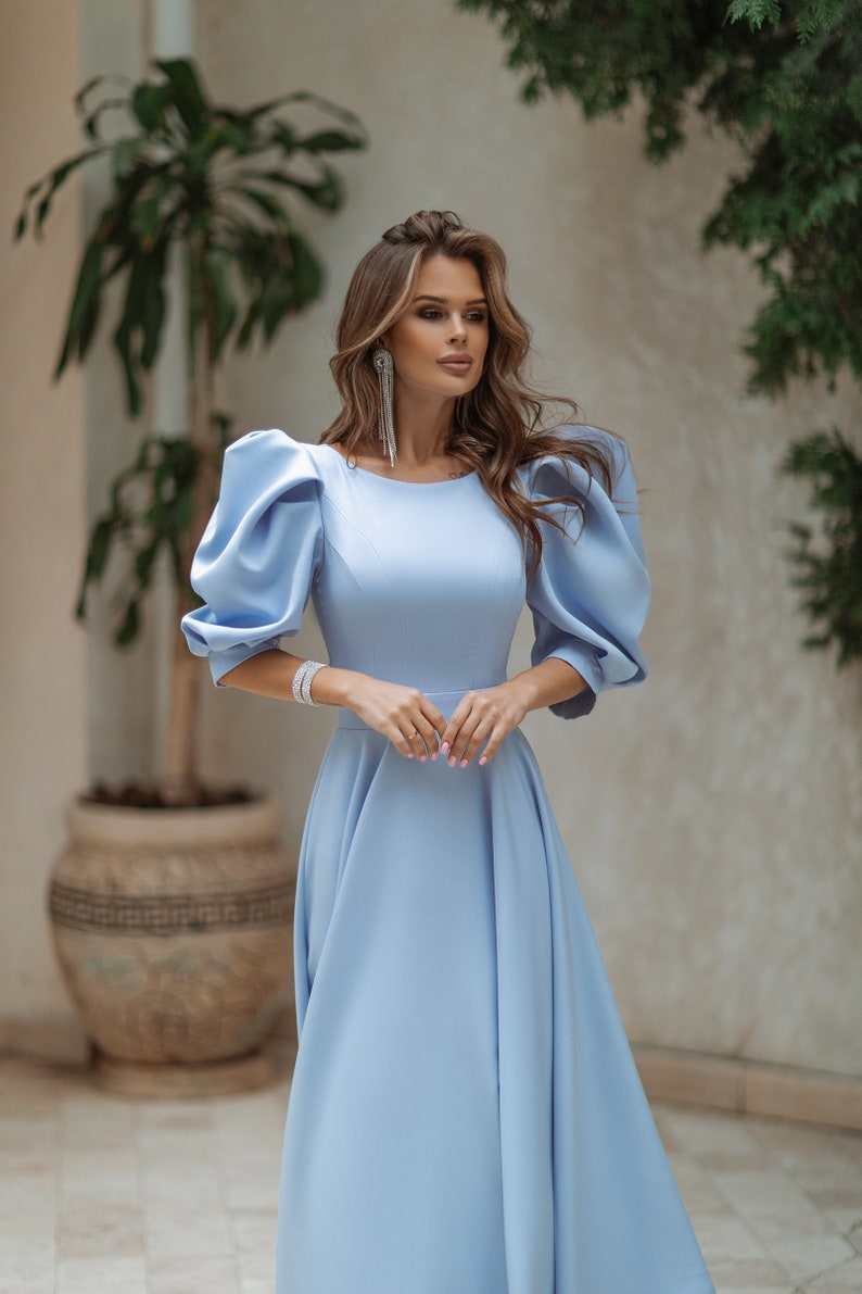 Blue Midi Dress, Puff Sleeve Dress, Puff Shoulder Dress, Flowy Puff Sleeve Dress, Dinner Dress, Cocktail Dress, Women's Blue Formal Dresses image 3
