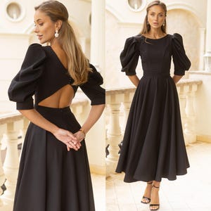Black Midi Dress, Puff Sleeve Cocktail Dress, Elegant Tea Length Outfit for Fashion Evenings, City Parties, Stylish Celebrations