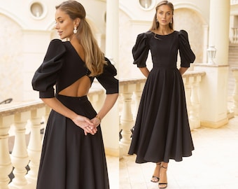 Black Midi Dress, Puff Sleeve Cocktail Dress, Elegant Tea Length Outfit for Fashion Evenings, City Parties, Stylish Celebrations