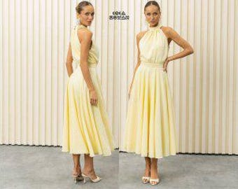 Gelbes Kleid, gelbes Chiffonkleid, langes Sommerkleid, fließendes Urlaubskleid, gelbes Abendkleid, Resort-Abendkleid