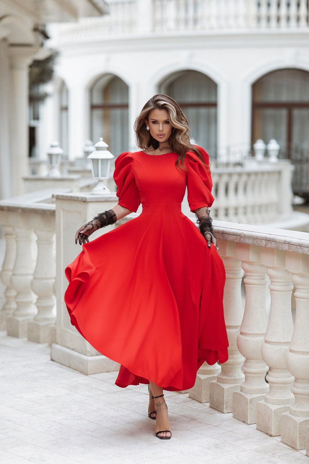 puff sleeve evening dress Red Midi Dress, Puff Sleeve Romantic Dress, Elegant Tea Length Outfit for Date Night, Dinner, Special Moments