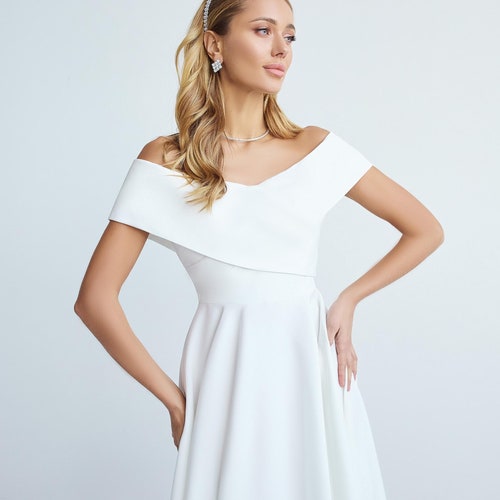 tea party dress white Aline V Neck White Prom Dresses, Satin Tea Length White Formal Wedding