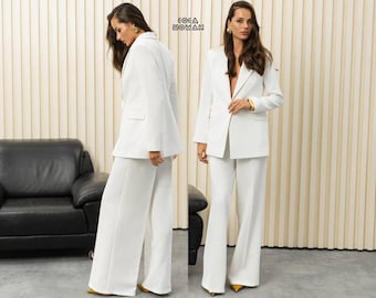 Weißer Hosenanzug, Hosenanzug mit weitem Bein, Damen-Businessanzug, Ein-Knopf-Blazer, elegantes Hochzeitsoutfit, minimalistischer Brautanzug