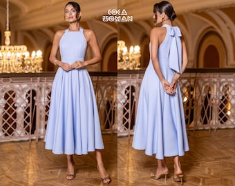 Blue Midi Evening Dress, Elegant Formal Dress Women, Backless Halter Dress, Chic Occasion Dress, Luxury Evening Outfit