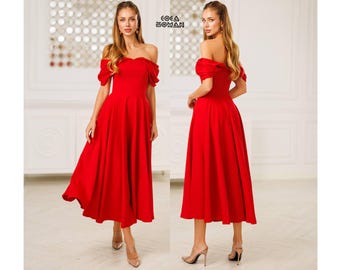 Rotes Cocktailkleid in Midi-Länge, schulterfreies Abendkleid, elegantes A-Linien-Kleid, rotes Partykleid, drapiertes Abendkleid, auffälliges Kleid für besondere Anlässe
