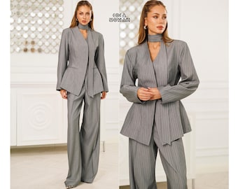 Light Grey Striped Suit Women Two Piece Blazer and Palazzo Pants Set High Waist Elegant Office Wear Business Work Outfit Soft Formal Suit