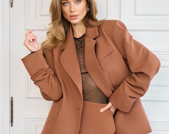 Brown Oversized Blazer and Mini Skirt | 2 Piece Suit Set for Women | Casual Open Front Jacket High-Waisted Skirt | Loose Fit Elegant Outfit