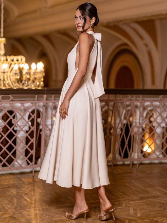 women's cream colored dress Ivory Dresses 88 cm / 33.1 Beige Midi Dress Women, Quiet