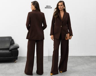 Schokoladenbrauner Hosenanzug, Hosenanzug mit weitem Bein, brauner Damenanzug, eleganter Blazer und Hose, anspruchsvolles formelles Outfit