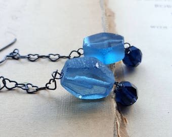 I Only Have Eyes for Blue - Vintage Glass, Recycled Glass and Sterling Silver Earrings - Heart Chain