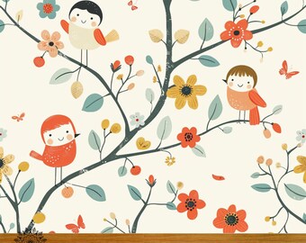 Süße Vögel Tapete für Kinderzimmer, Vintage Tapete zum Abziehen und Aufkleben, Malmuster, Wanddekor, selbstklebendes Wandbild