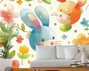 Cute Bunny Design Kids Room Wallpaper, Vintage Peel And Stick Wallpaper, Painting Pattern Wall Decor, Self Adhesive Wall Mural